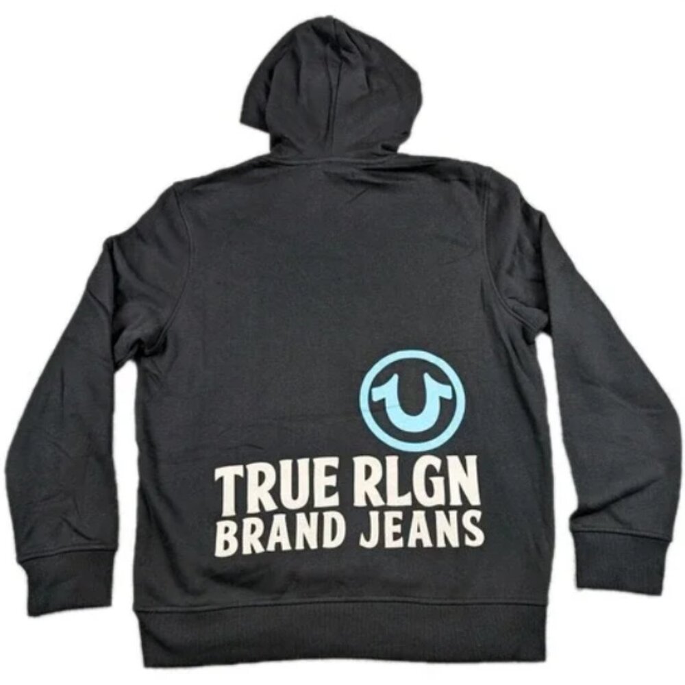 True Religion Hoodie Mens Large Brand Jeans Jet Black Blue Puff Print Pocket New